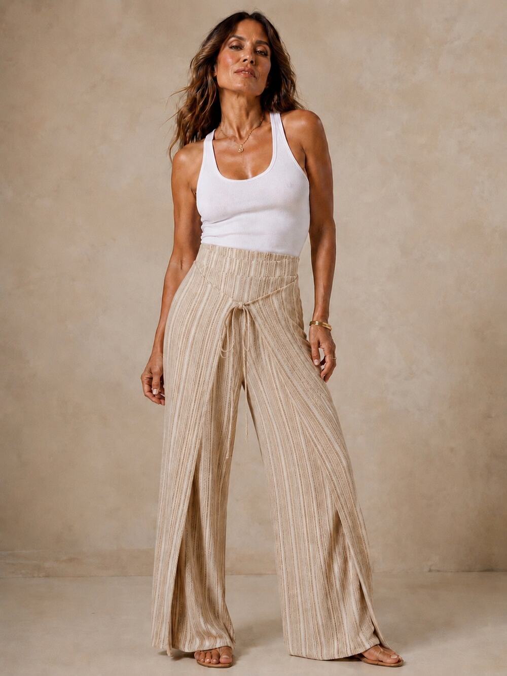 Hem & Thread Beach Wrap Pants – Natural Stripe Size Small